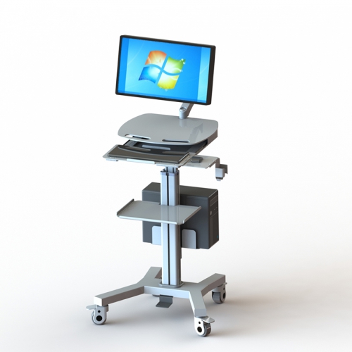 Height adjustable small medical workstation and light trolley.